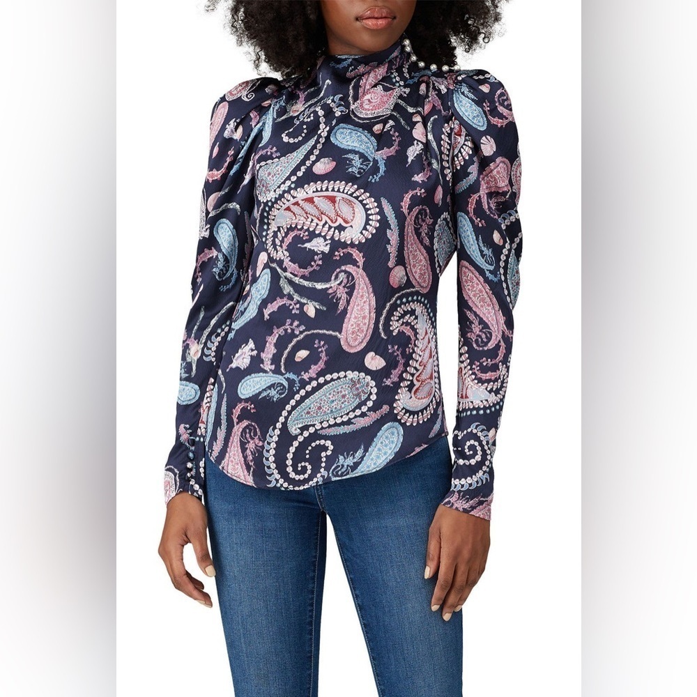 Thurley Crown Of Thornes Blouse Long sleeve Paisley Pearls Navy print size 4 RTR - Picture 2 of 13